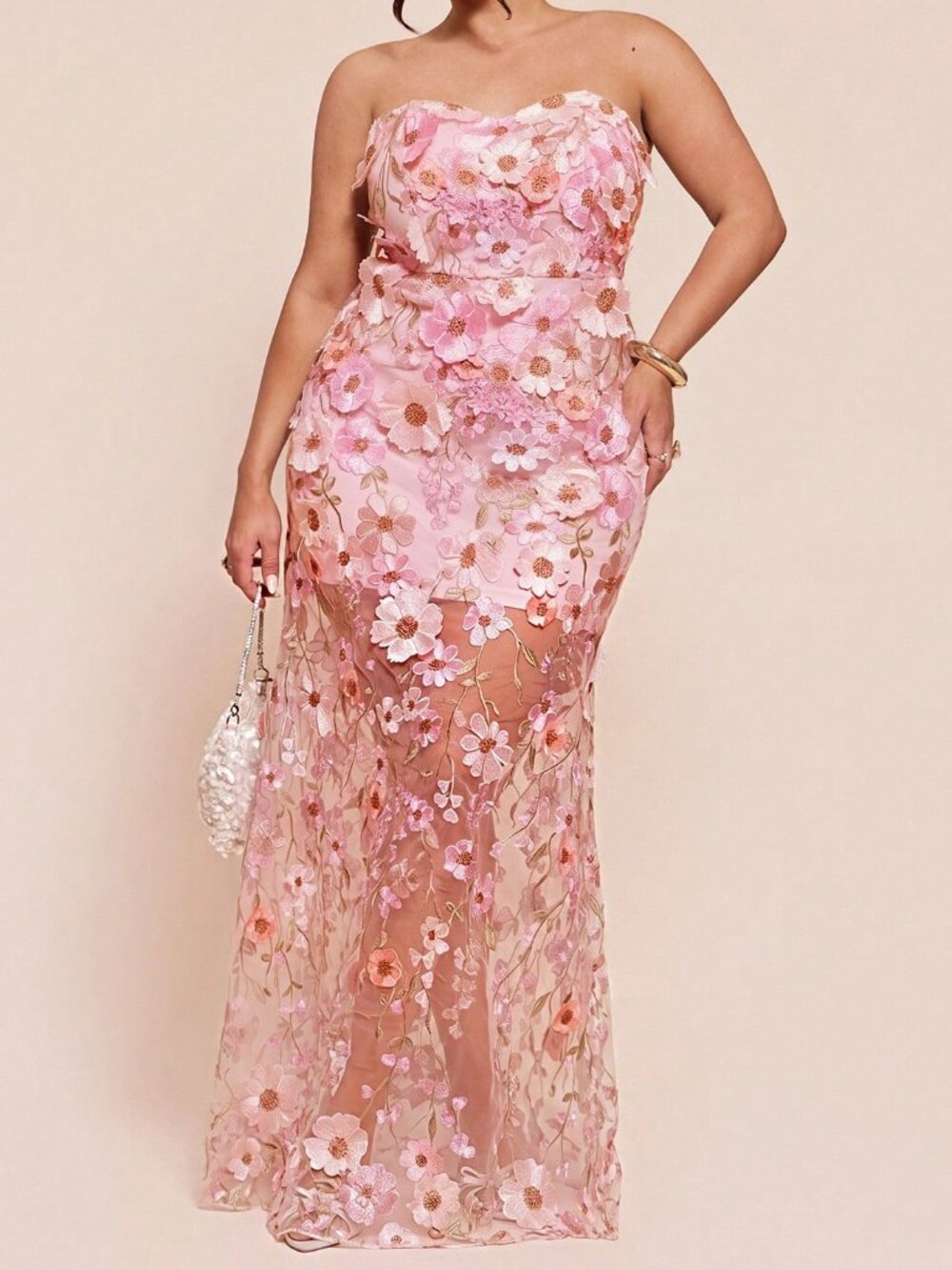 Pink Boho Women's 3D Floral Ruched Mermaid Hem Bodycon Dress